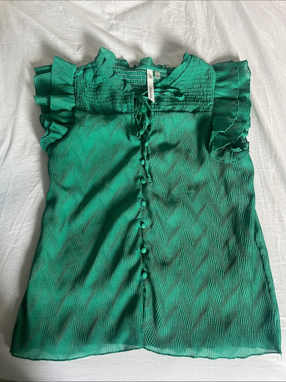 NY Collection Emerald Green Ruffle Sleeve Button-Front Blouse